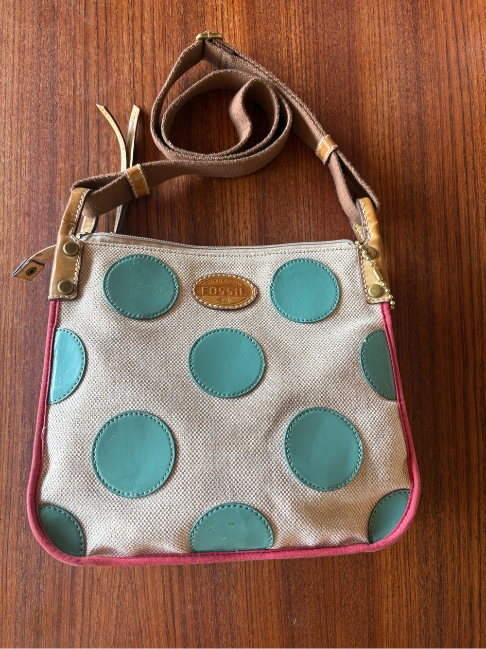Fossil Cream Canvas Crossbody with Teal Polka Dots and Pink Trim - Picture 3 of 8